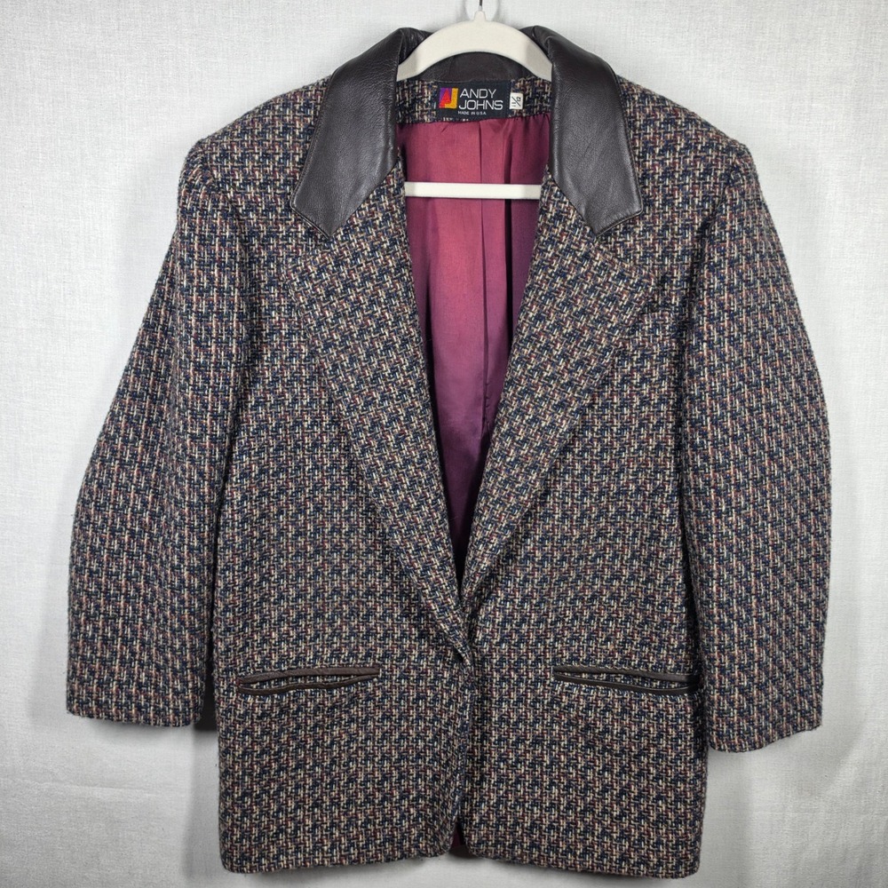 Vintage Blazer Womens 11/12 Preppy Layering Faux Leather Collar Andy Johns Retro